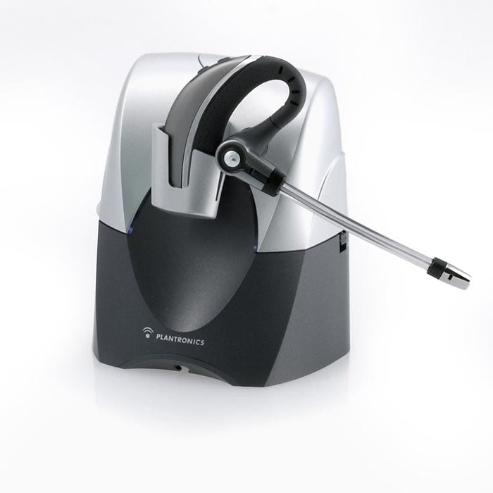 Plantronics CS70N headset on included charging base