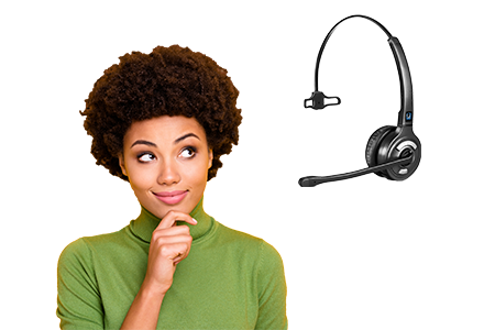Woman thinking about which office headset to choose.