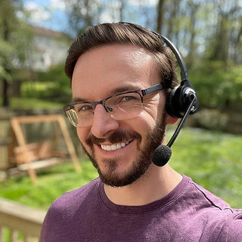 Jonathan wearing a Leitner LH270 wireless phone and computer headset