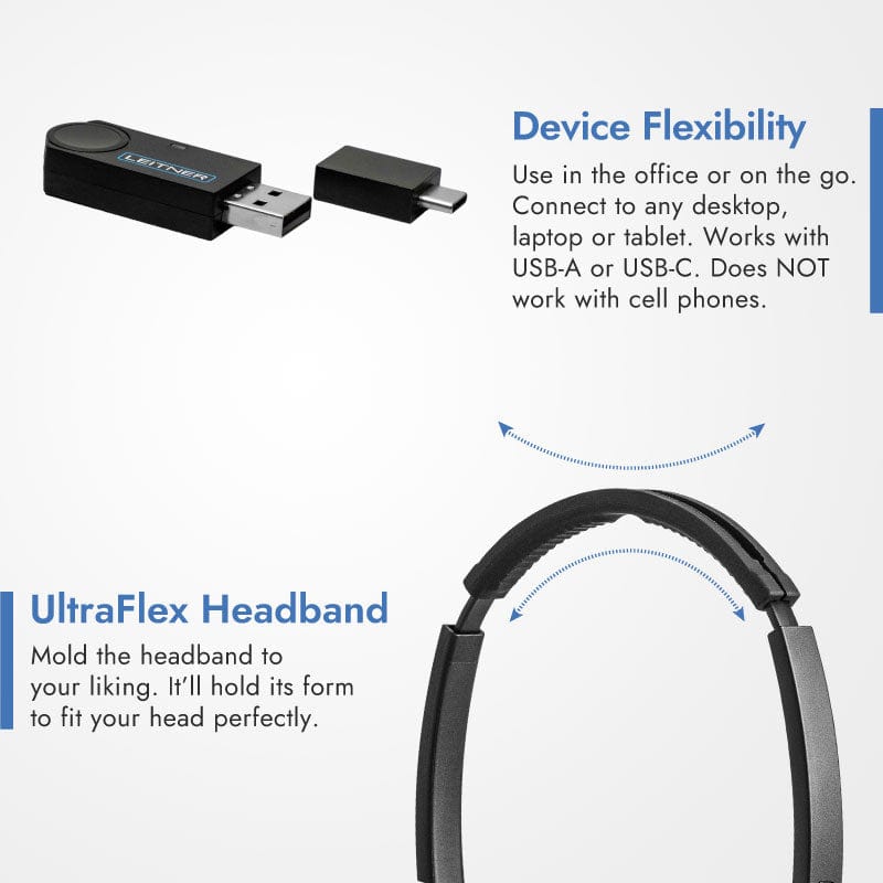 UltraFlex Headband and Device Flexibility with USB-A or C dongle