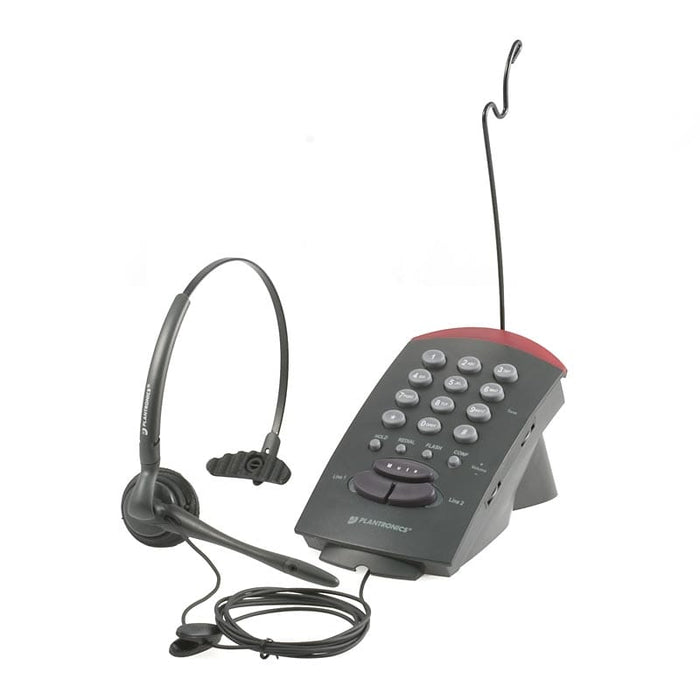 The Plantronics T20 telephone headset system with over-the-head wearing style