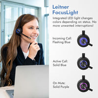 Woman using Leitner LH470 wireless USB DECT headset FocusLight activity indicator with computer