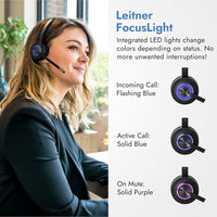 Woman using Leitner LH570 wireless headset with computer and FocusLight