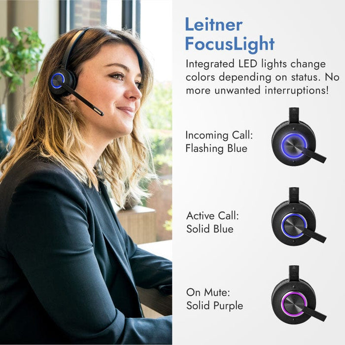 Woman using Leitner LH570 wireless headset with computer and FocusLight