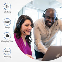 Office workers using Leitner LH375 wireless headset with 350 feet of UltraRange and 5-year warranty