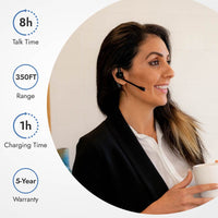 Woman using Leitner LH380 wireless headset with up to 350 feet of UltraRange and 5-year warranty