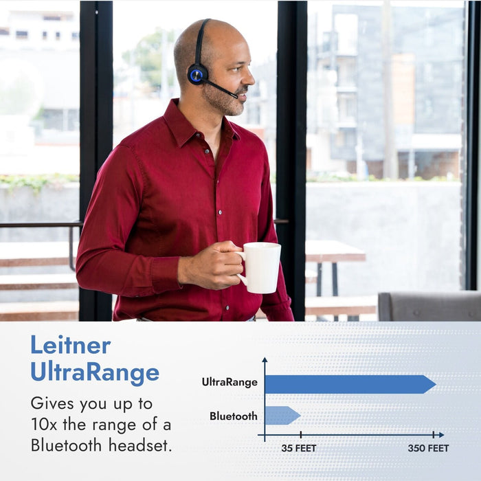 Worker using LH470 wireless headset while away from his computer with UltraRange