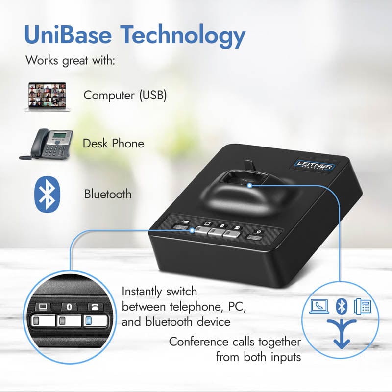 Leitner LH375 wireless headset UniBase call merging with PC, desk phone, and cell phone