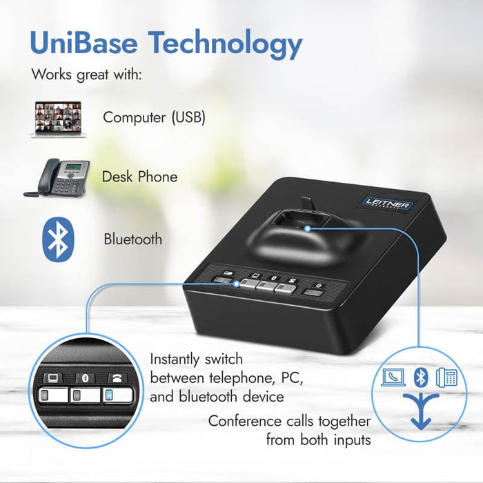 Leitner LH370 wireless headset UniBase call merging with PC, desk phone, and Bluetooth