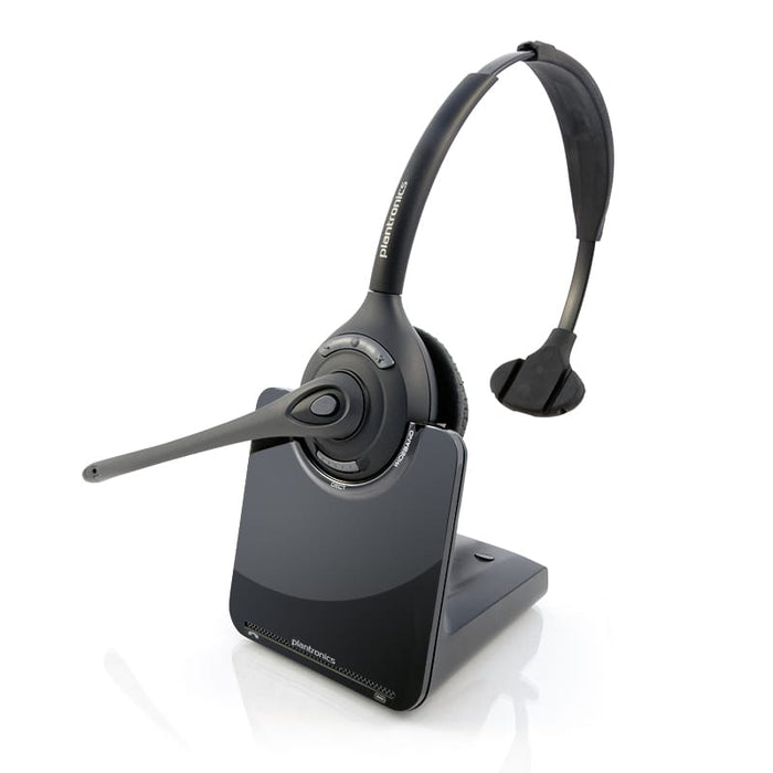 Plantronics CS510 at full battery has 9 hours of talk time #Plantronics CS510 over-the-head office headset charging on headset base