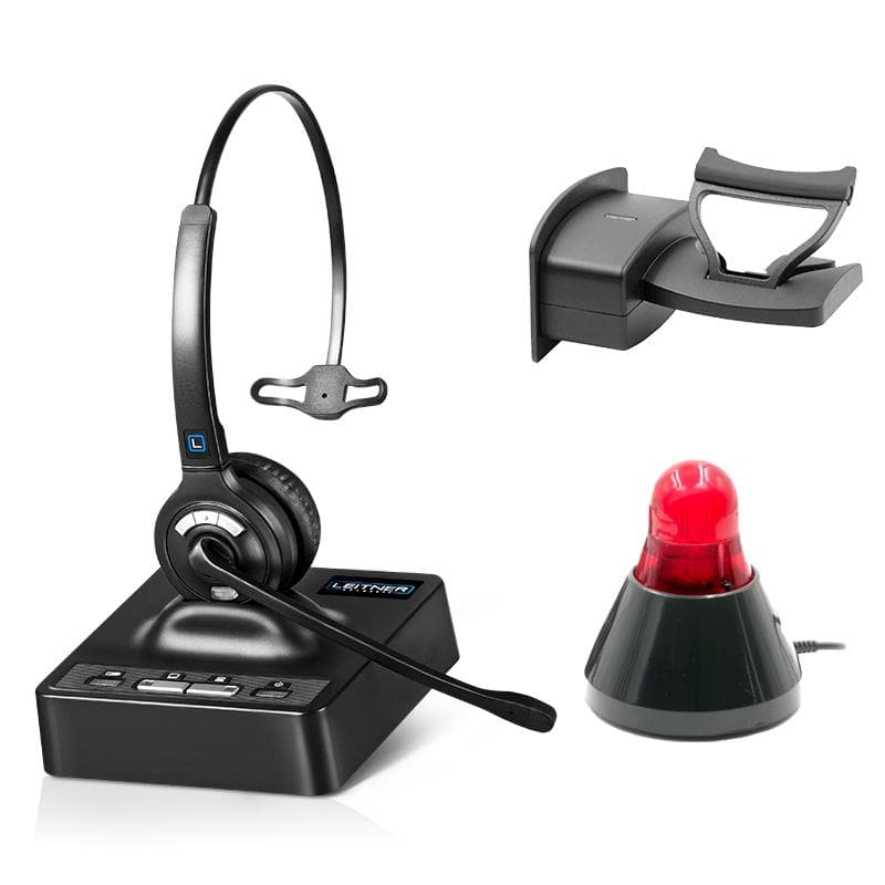Leitner LH270 single-ear wireless office headset with handset lifter and BusyBuddy busy light