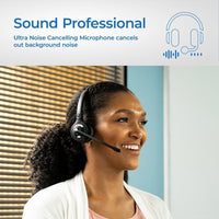 Woman enjoying Leitner LH270 wireless headset ultra noise-cancelling microphone in the office